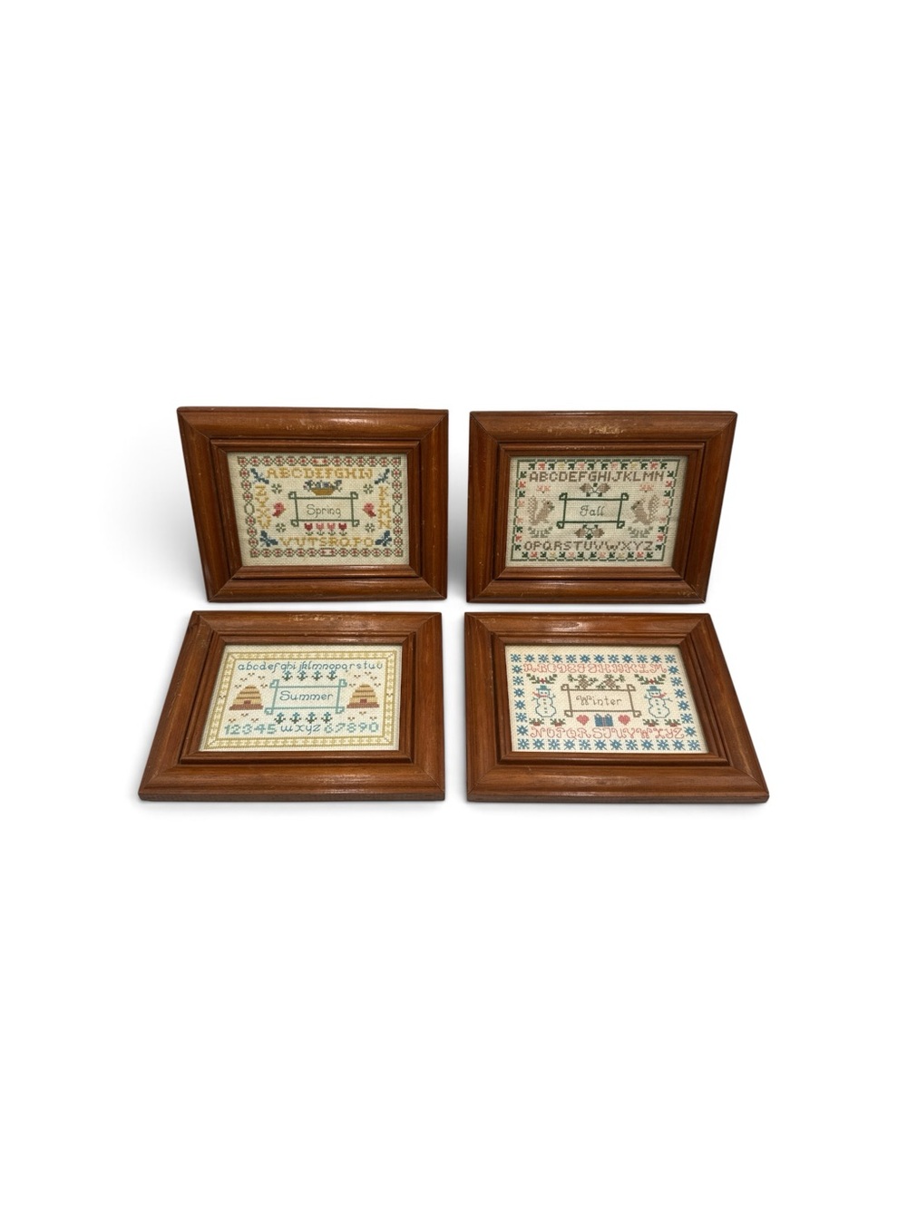 Vintage 1980s 1990s Four Seasons Cross Stitch Sampler Framed Wall Art Set of 4